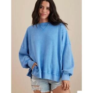 American Eagle Seriously Lived-In Oversized Waffle Knit Sweater Blue Size L